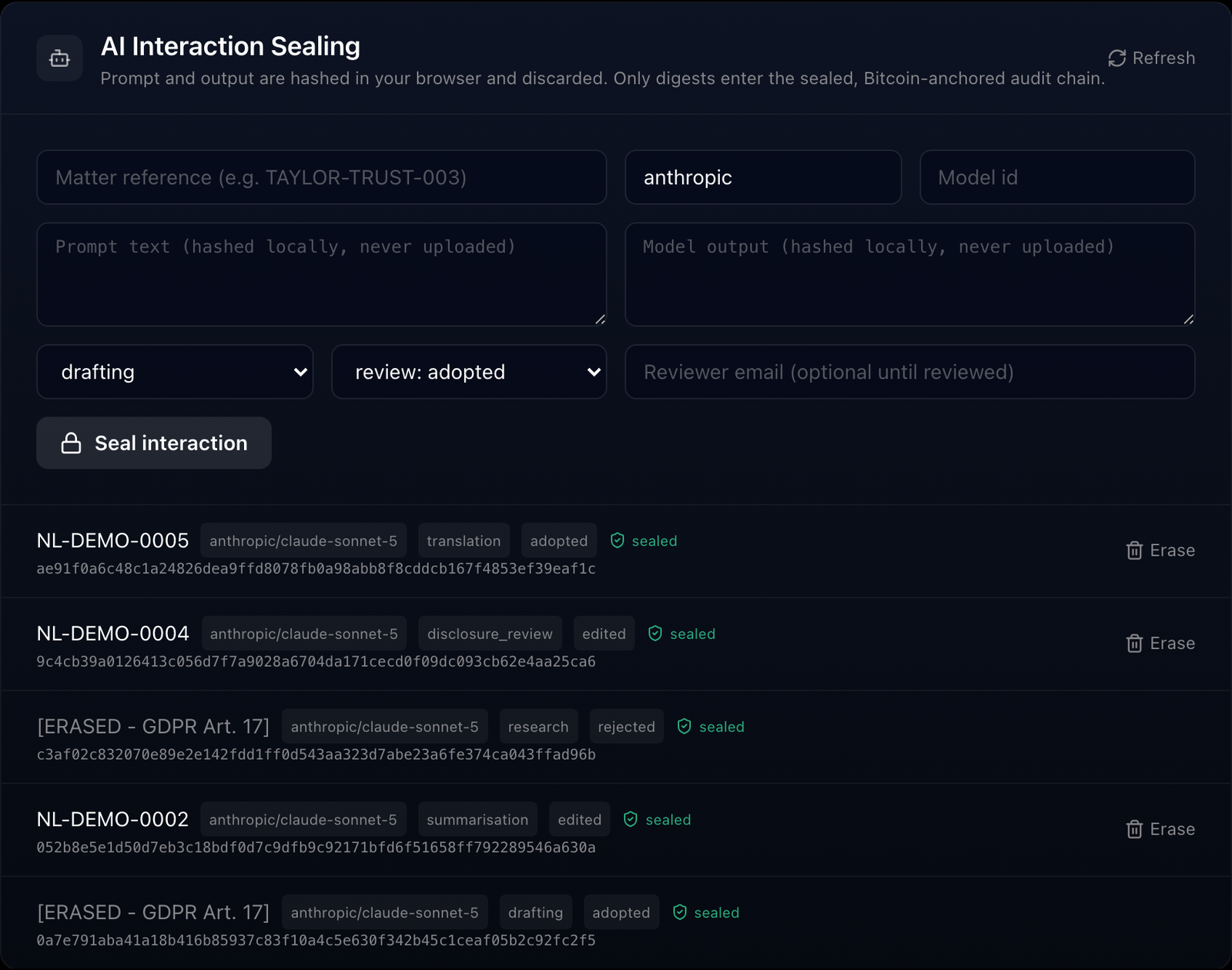Sealed AI interactions in the production dashboard. Two rows read ERASED under GDPR Article 17 and still show their envelope hash and sealed status.